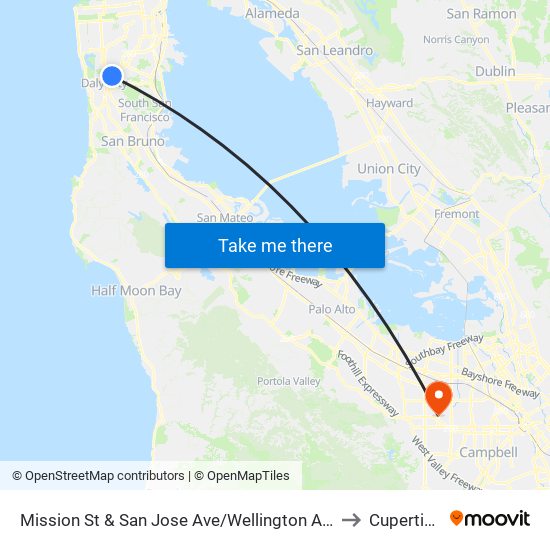 Mission St & San Jose Ave/Wellington Ave to Cupertino map