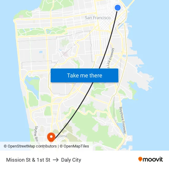 Mission St & 1st St to Daly City map