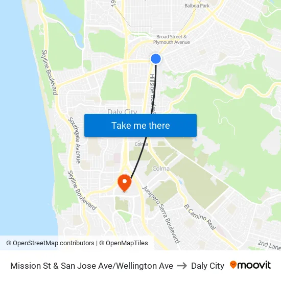 Mission St & San Jose Ave/Wellington Ave to Daly City map