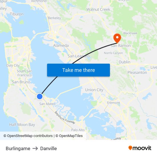 Burlingame to Danville map