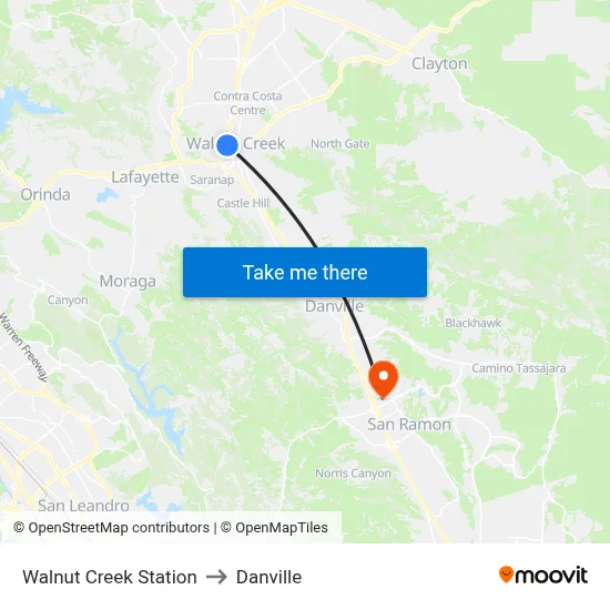 Walnut Creek Station to Danville map