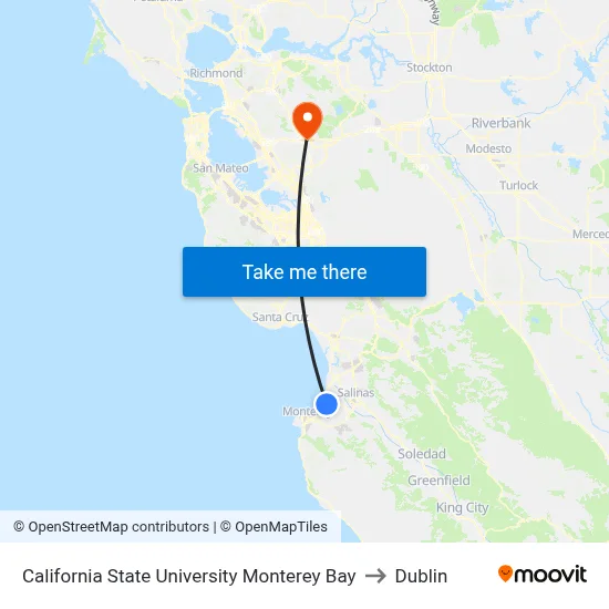 California State University Monterey Bay to Dublin map