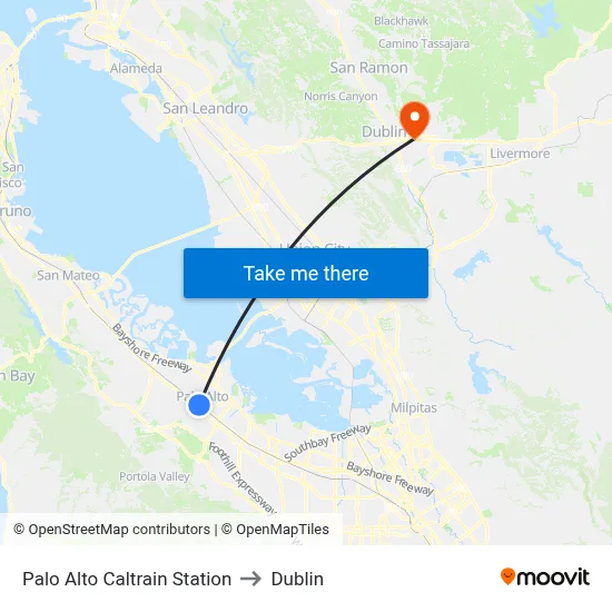 Palo Alto Caltrain Station to Dublin map
