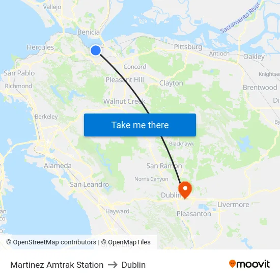 Martinez Amtrak Station to Dublin map