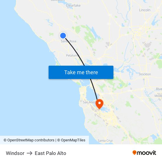 Windsor to East Palo Alto map