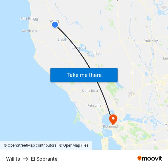 Willits to El Sobrante map