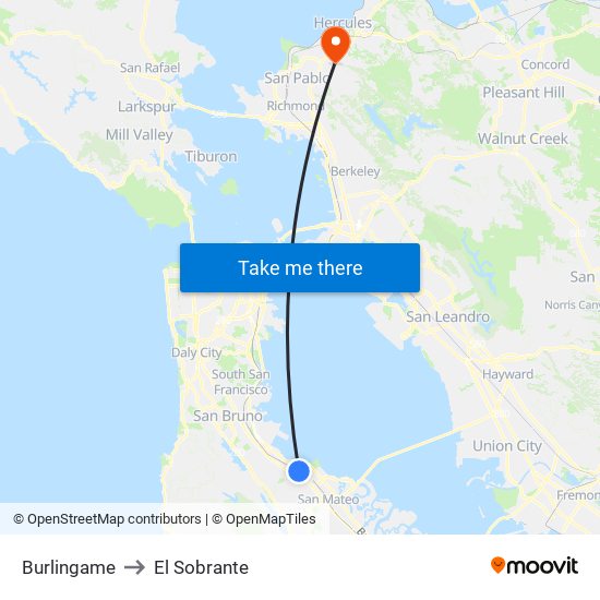 Burlingame to El Sobrante map