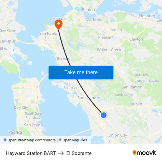 Hayward Station BART to El Sobrante map