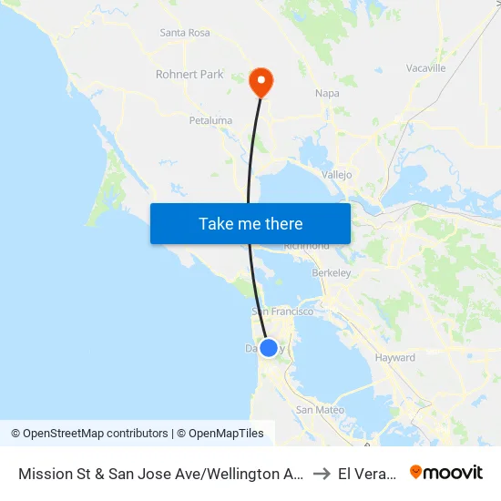 Mission St & San Jose Ave/Wellington Ave to El Verano map