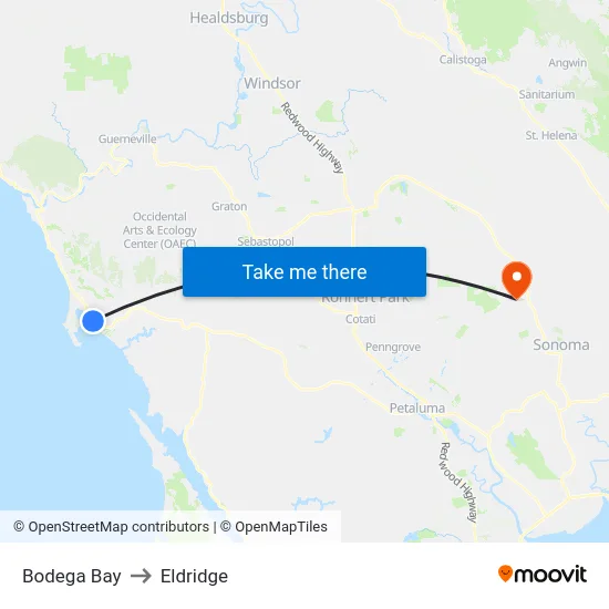 Bodega Bay to Eldridge map