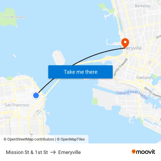 Mission St & 1st St to Emeryville map