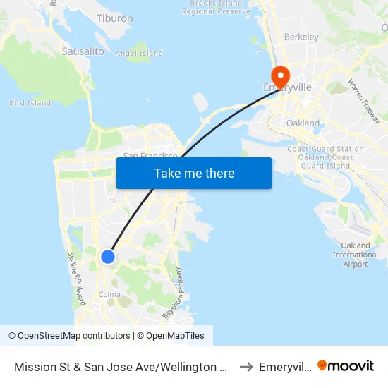 Mission St & San Jose Ave/Wellington Ave to Emeryville map