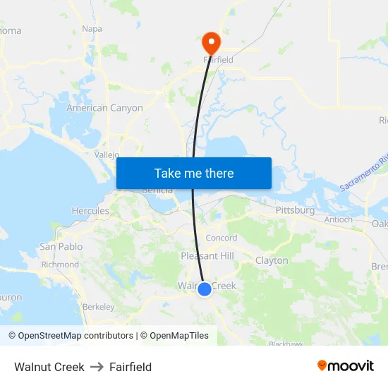 Walnut Creek to Fairfield map
