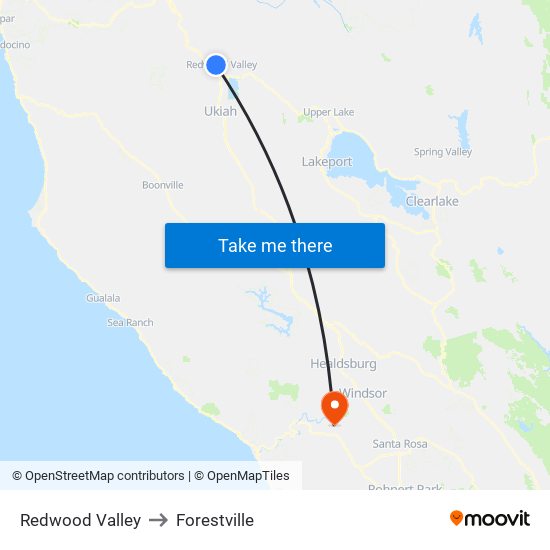 Redwood Valley to Forestville map