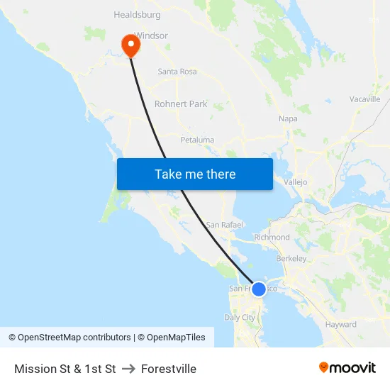 Mission St & 1st St to Forestville map