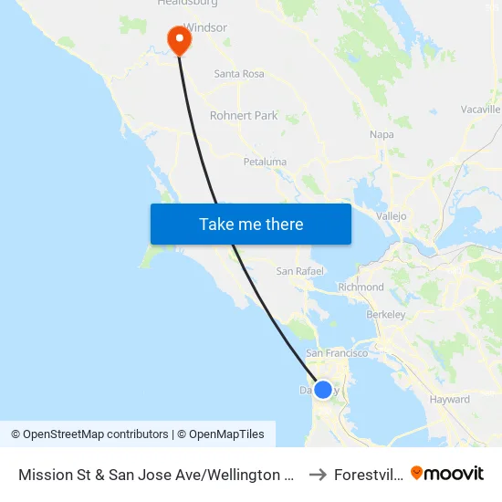 Mission St & San Jose Ave/Wellington Ave to Forestville map