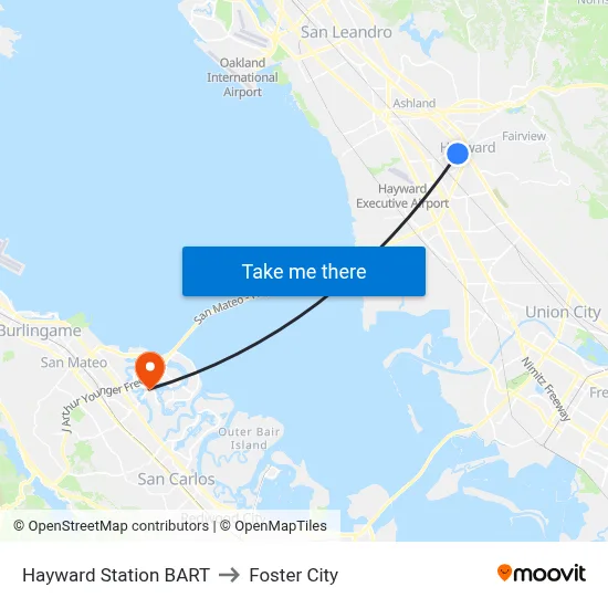 Hayward Station BART to Foster City map