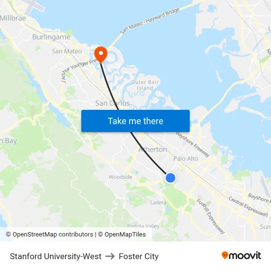 Stanford University-West to Foster City map
