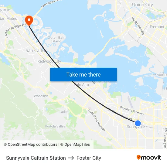 Sunnyvale Caltrain Station to Foster City map