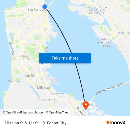Mission St & 1st St to Foster City map