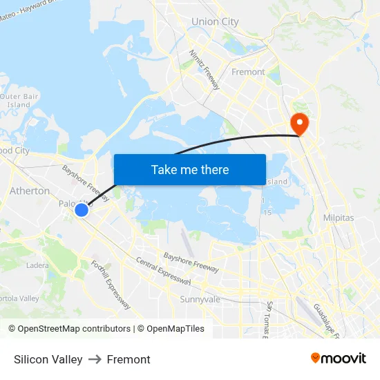 Silicon Valley to Fremont map