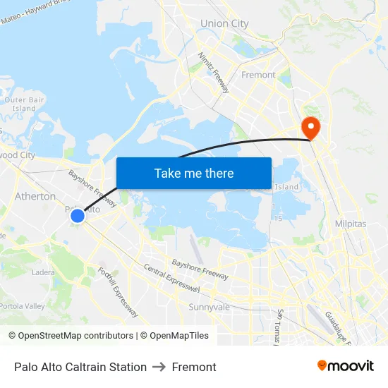 Palo Alto Caltrain Station to Fremont map