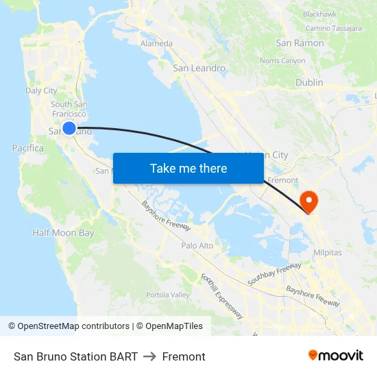 San Bruno Station BART to Fremont map