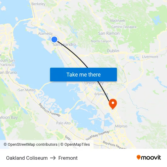 Oakland Coliseum to Fremont map