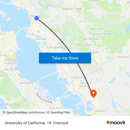 University of California to Fremont map