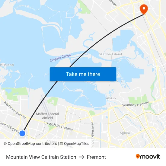 Mountain View Caltrain Station to Fremont map