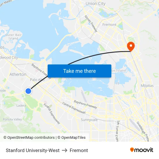 Stanford University-West to Fremont map