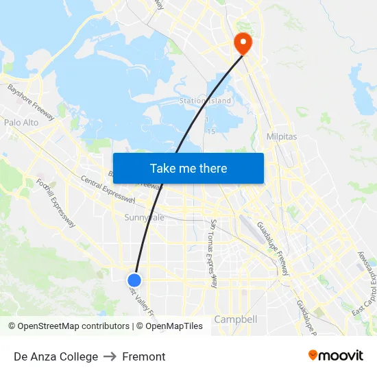 De Anza College to Fremont map