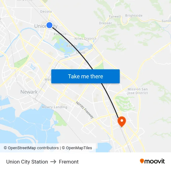 Union City Station to Fremont map