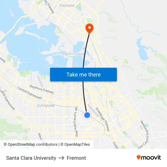 Santa Clara University to Fremont map