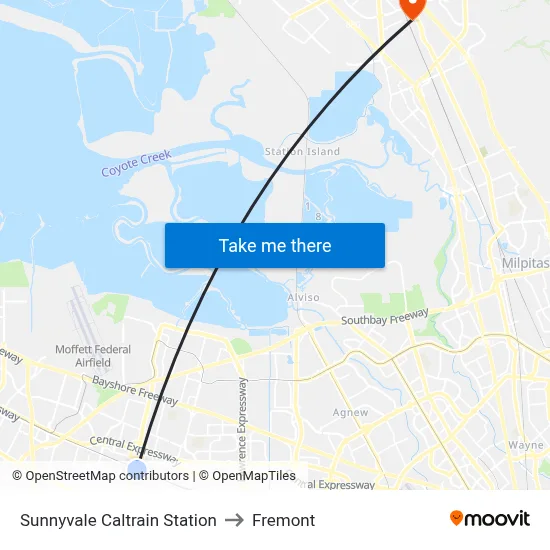 Sunnyvale Caltrain Station to Fremont map