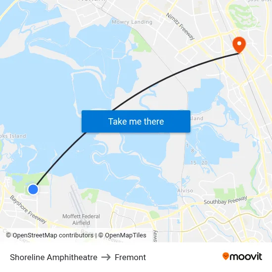 Shoreline Amphitheatre to Fremont map