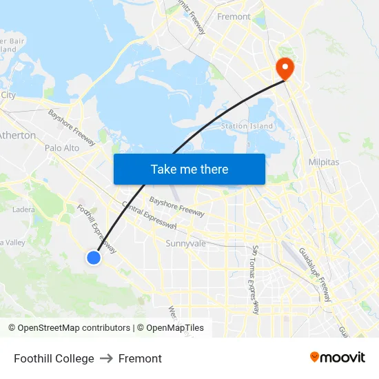 Foothill College to Fremont map
