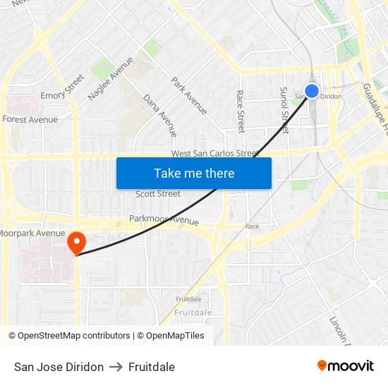 San Jose Diridon to Fruitdale map