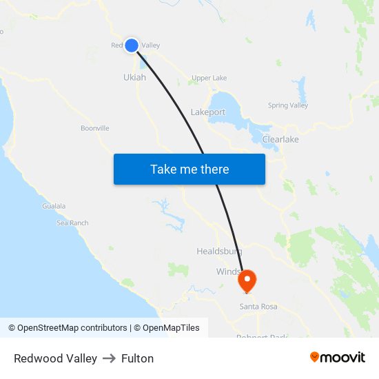 Redwood Valley to Fulton map