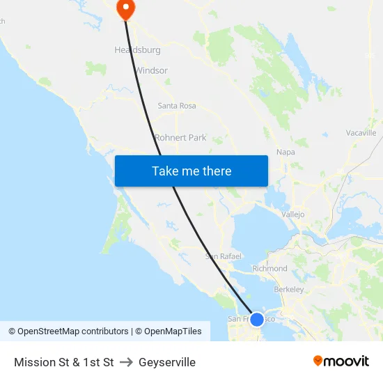 Mission St & 1st St to Geyserville map