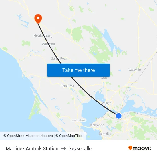 Martinez Amtrak Station to Geyserville map