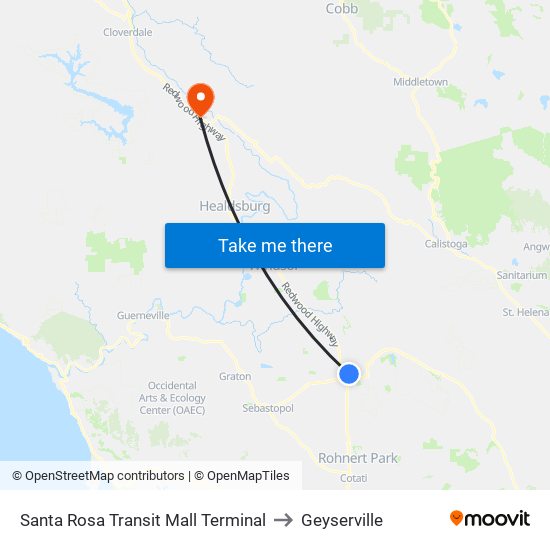 Santa Rosa Transit Mall Terminal to Geyserville map