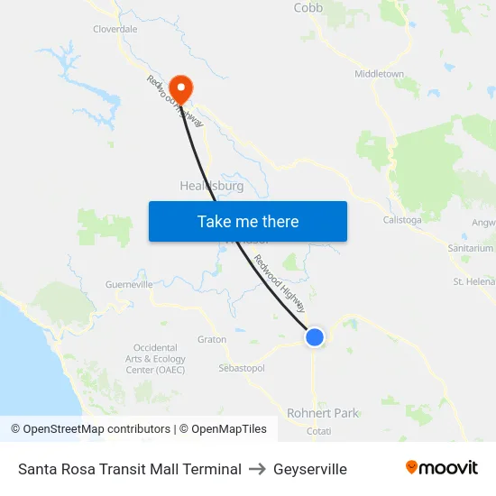 Santa Rosa Transit Mall Terminal to Geyserville map