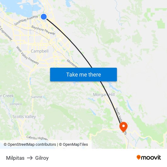 Milpitas to Gilroy map