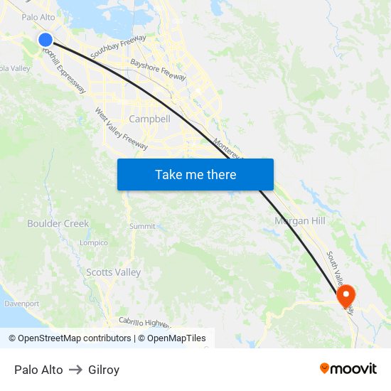 Palo Alto to Gilroy map