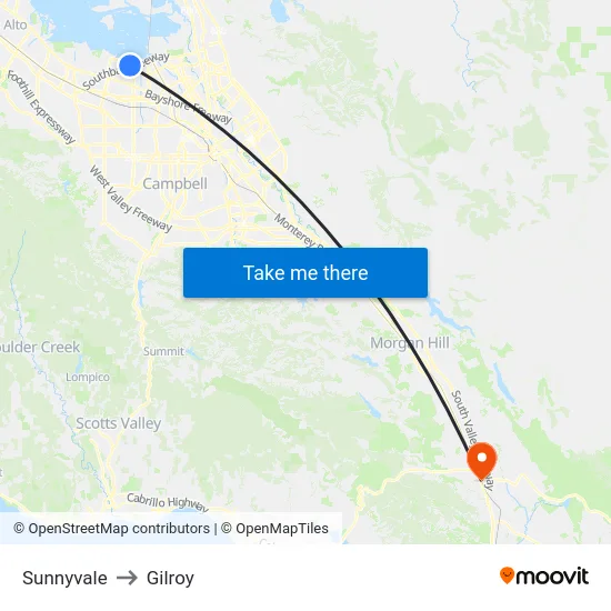Sunnyvale to Gilroy map