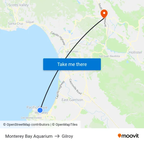 Monterey Bay Aquarium to Gilroy map