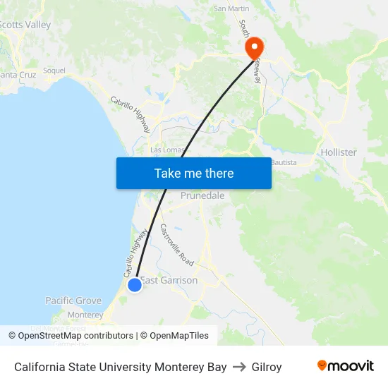 California State University Monterey Bay to Gilroy map