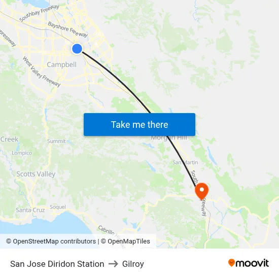 San Jose Diridon Station to Gilroy map