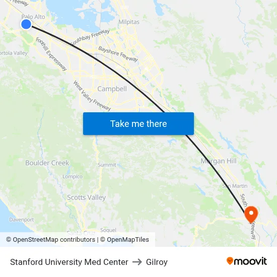 Stanford University Med Center to Gilroy map